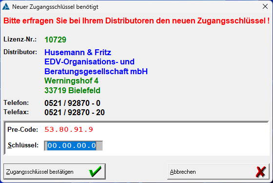 Eingabe des Lizenzschlüssels passend zum Pre-Code