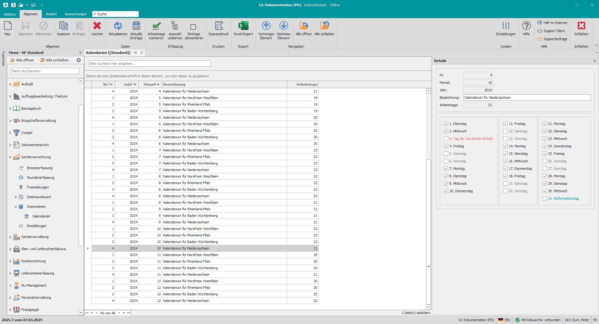 Hauptfenster "Kalendarien"