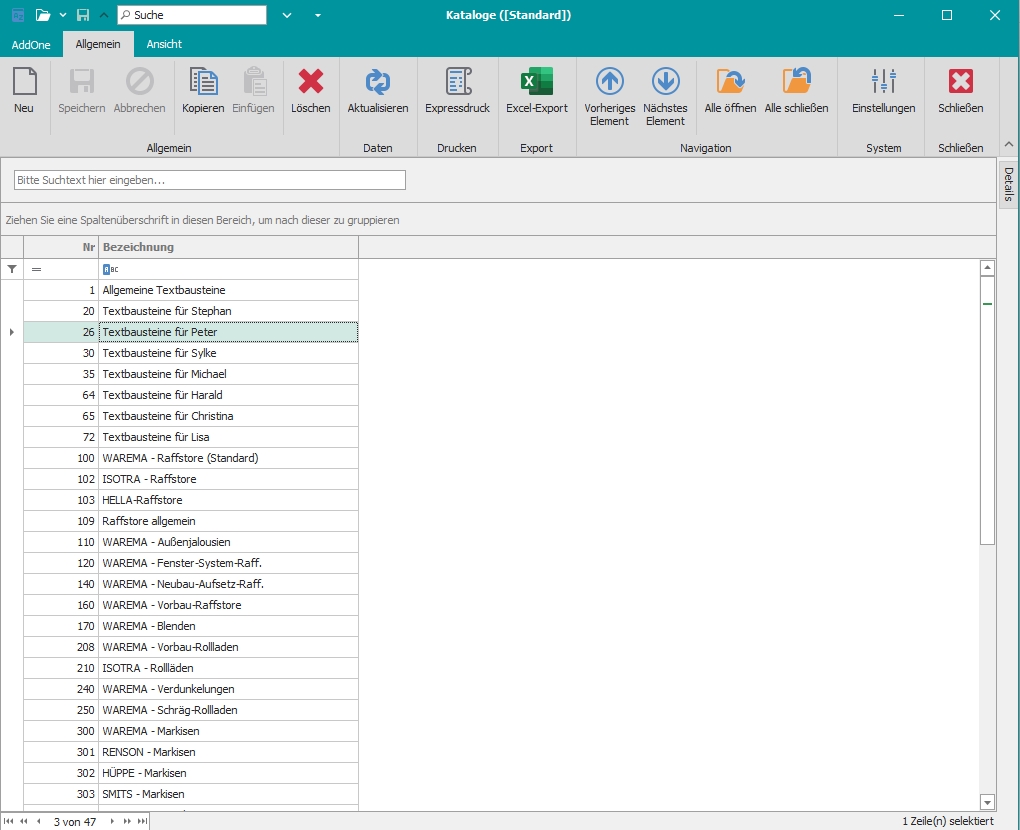 Hauptfenster "Kataloge"