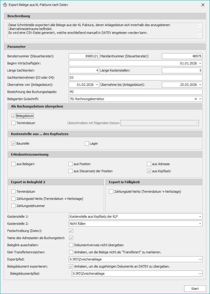Dialog "Rechnungen aus KL-Faktura exportieren"