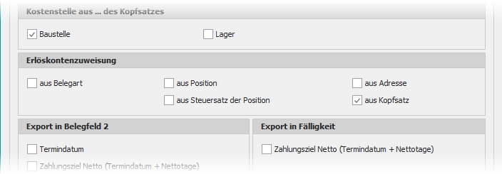 Dialog "Rechnungen aus KL-Faktura exportieren" mit Gruppe "Erlöskontenzuweisung"