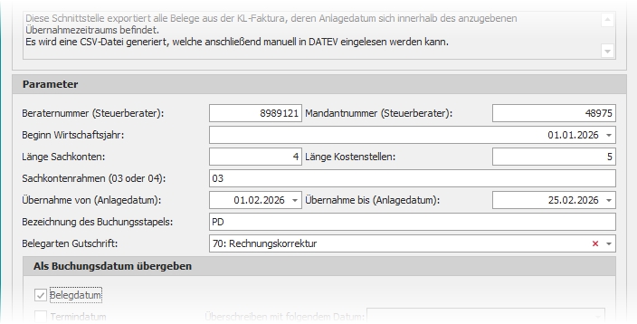 Dialog "Rechnungen aus KL-Faktura exportieren" mit Gruppe "Parameter" Dialog "Rechnungen aus KL-Faktura exportieren" mit Gruppe "Parameter"