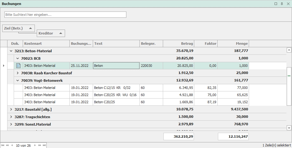 Dockingfenster "Buchungen"
