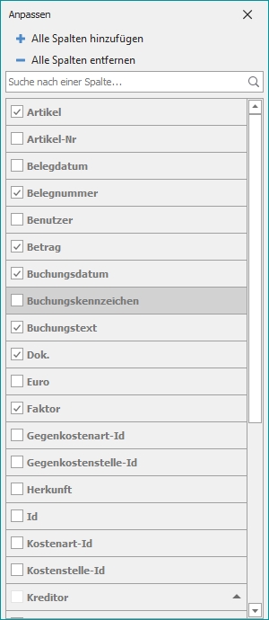 Spaltenauswahl der Buchungen