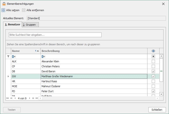 Fenster "Elementberechtigungen"