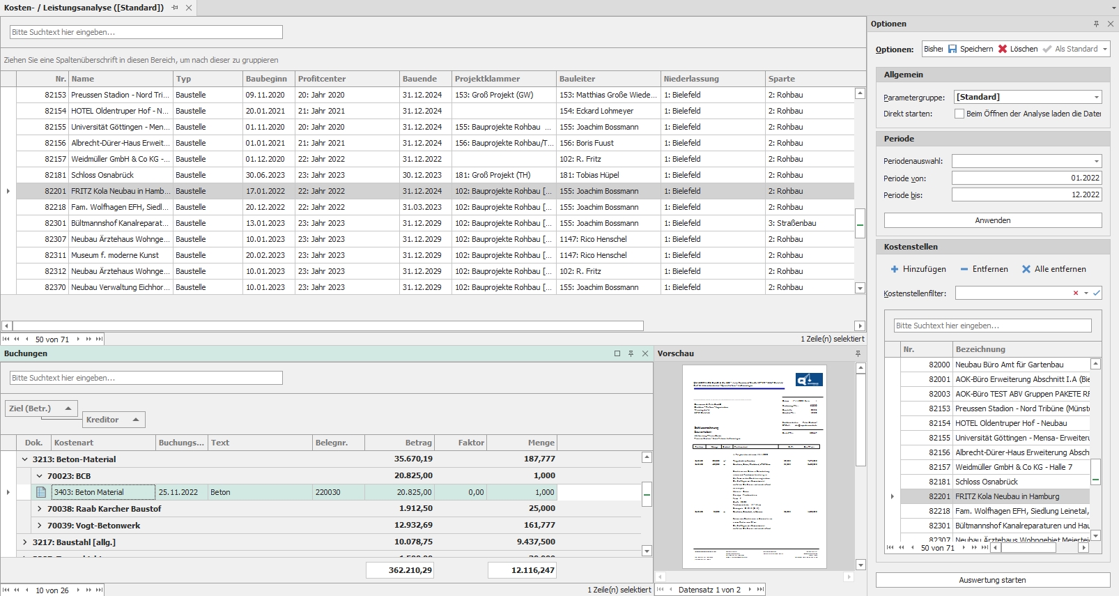 Hauptfenster "Kosten- / Leistungsanalyse"
