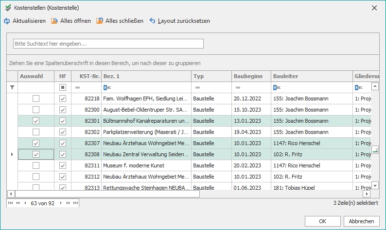 Auswahl "Kostenstellen"