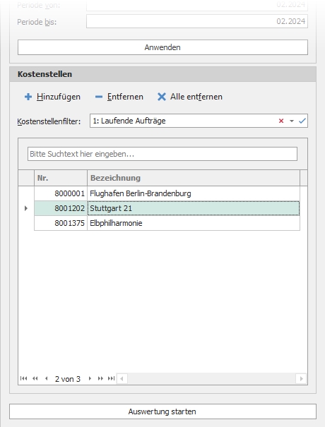 Dockingfenster "Optionen" mit Gruppe "Kostenstellen"