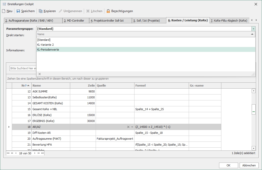 Parametergruppen "Kosten- / Leistungsanalyse"