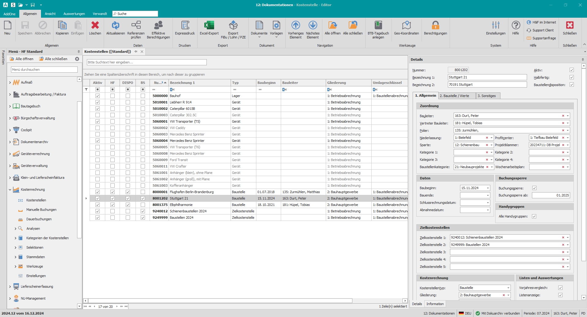 Hauptfenster "Kostenstellen" Hauptfenster "Kostenstellen"