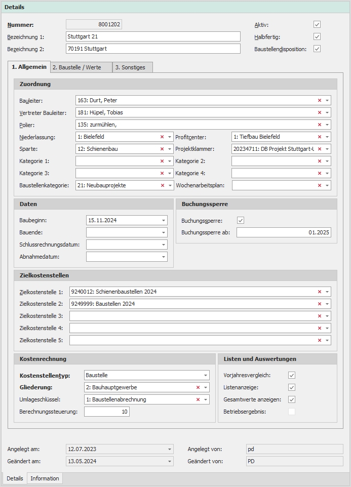 Detail "Kostenstellen"