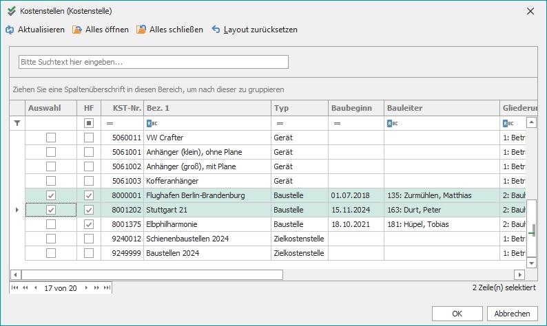 Auswahl "Kostenstellen"