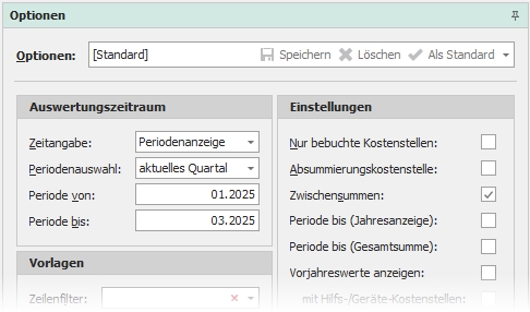 Docking "Optionen" mit Gruppe "Auswertungszeitraum"