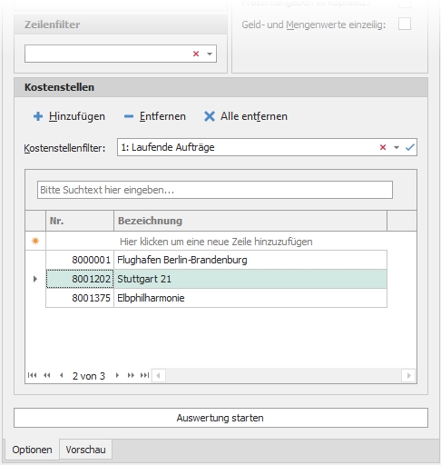 Optionen mit Kostenstellenauswahl