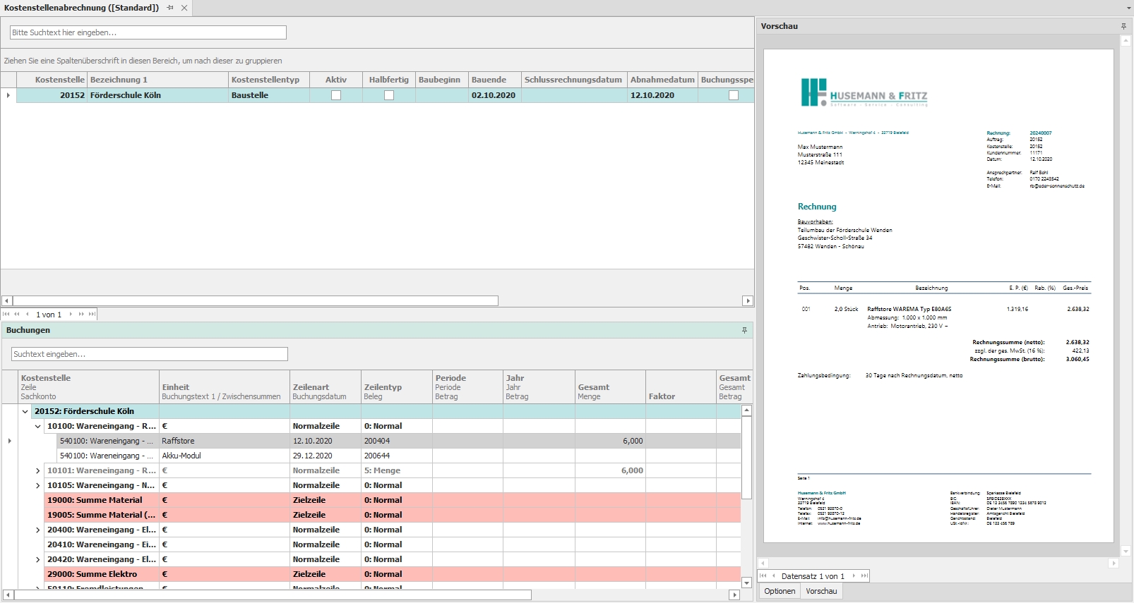 Hauptfenster "Kostenstellenabrechnung" mit Docking "Vorschau"