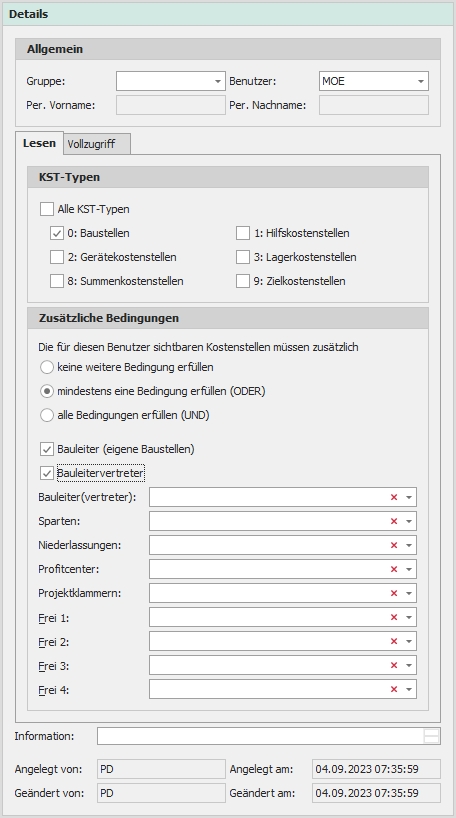 Beispiel "Kostenstellenberechtigung für Bauleiter"