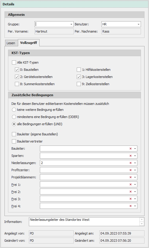 Detail "Kostenstellenberechtigungen"