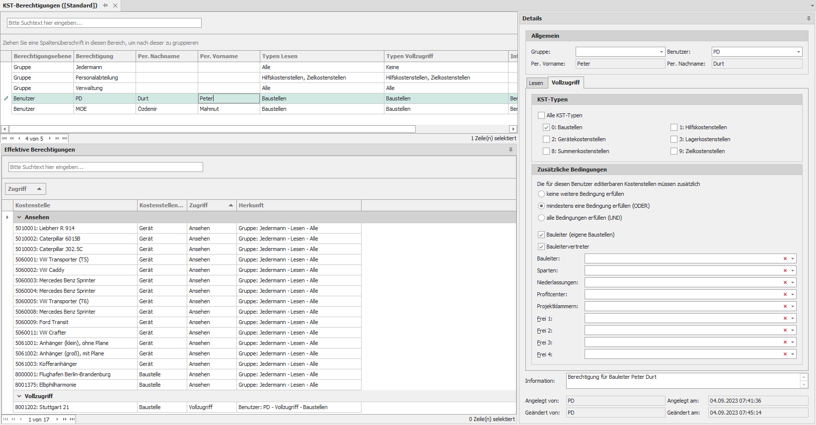 Hauptfenster "Kostenstellenberechtigungen"
