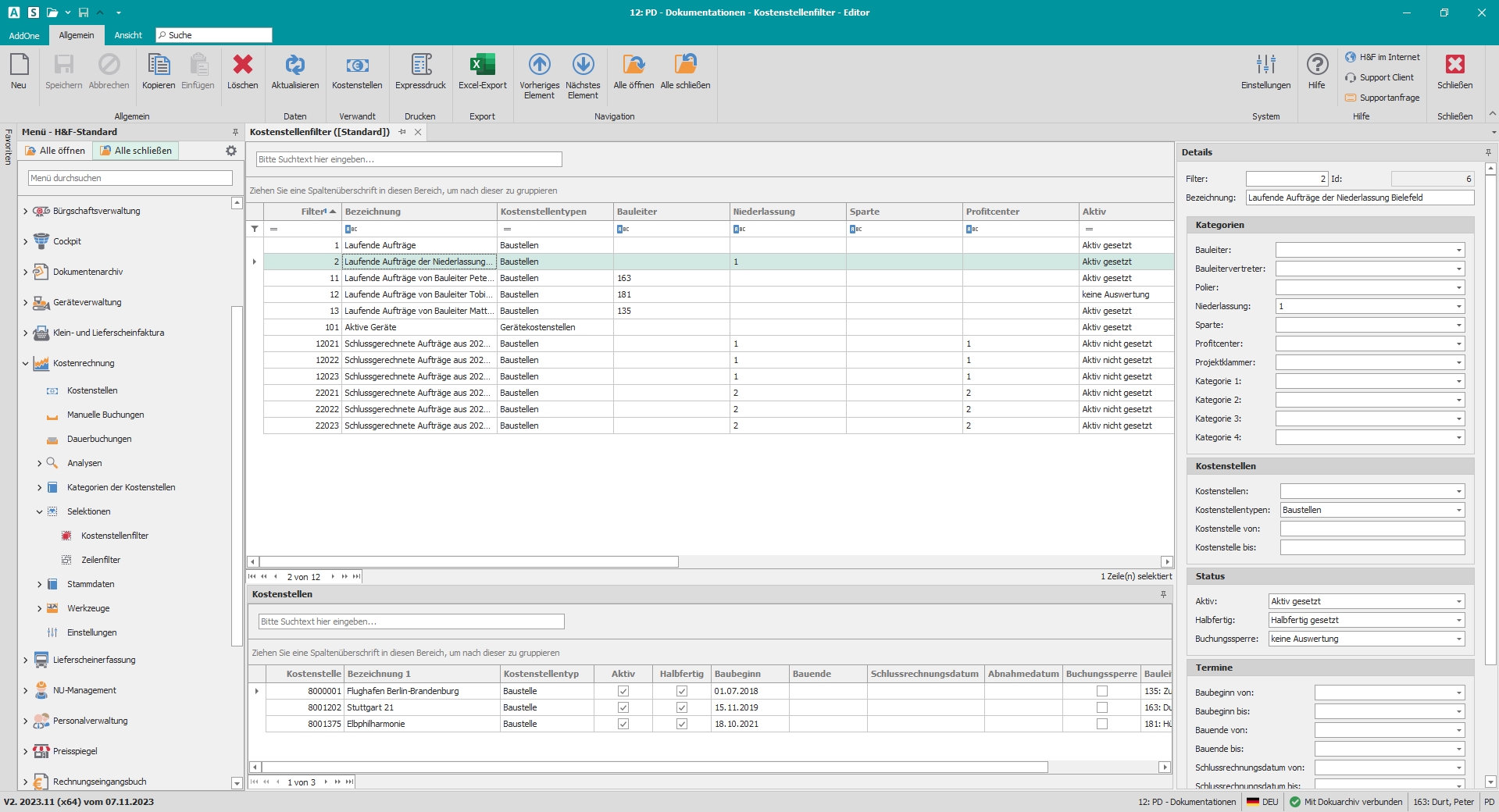 Hauptfenster "Kostenstellenfilter" Hauptfenster "Kostenstellenfilter"