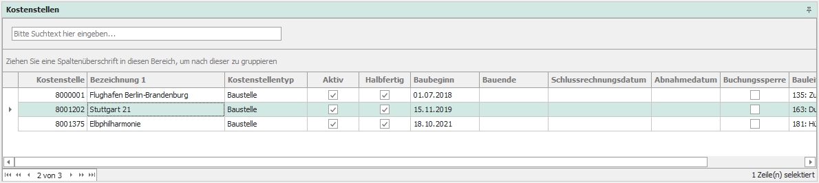 Dockingfenster "Kostenstellen" aus den Kostenstellenfiltern
