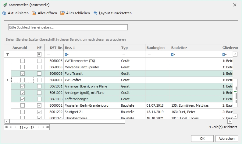 Nachschlagedialog "Kostenstellen"