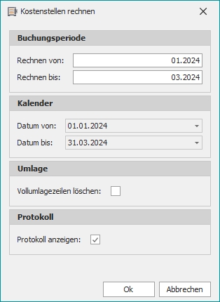Dialog "Kostenstellen rechnen"