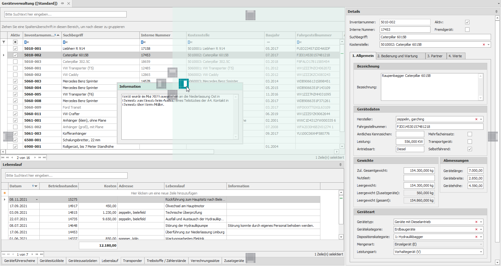 Verschieben des Dockings "Information" an den rechten Bereich der Haupttabelle Verschieben des Dockings "Information" an den rechten Bereich der Haupttabelle