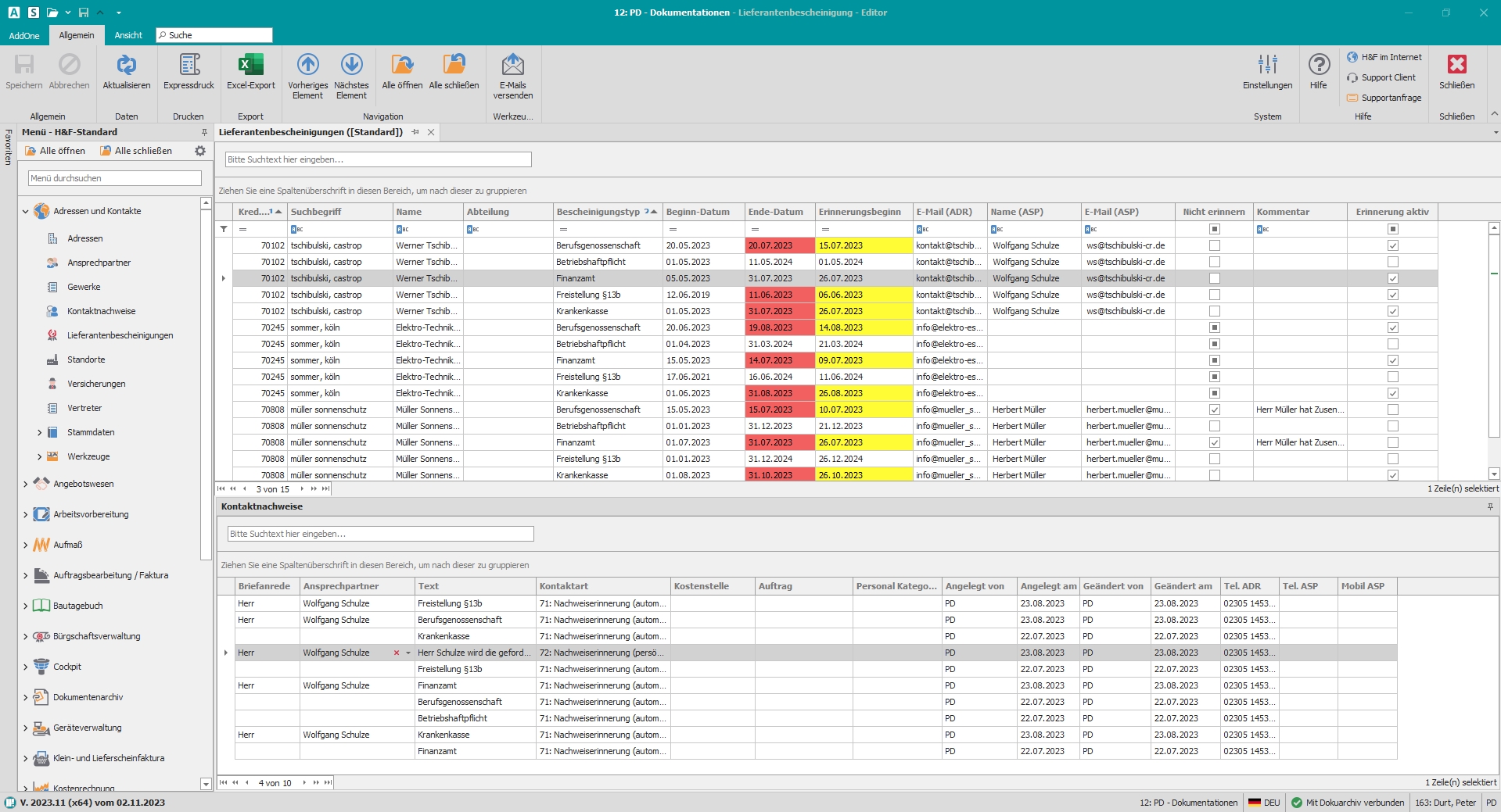 Hauptfenster "Lieferantenbescheinigungen" Hauptfenster "Lieferantenbescheinigungen"