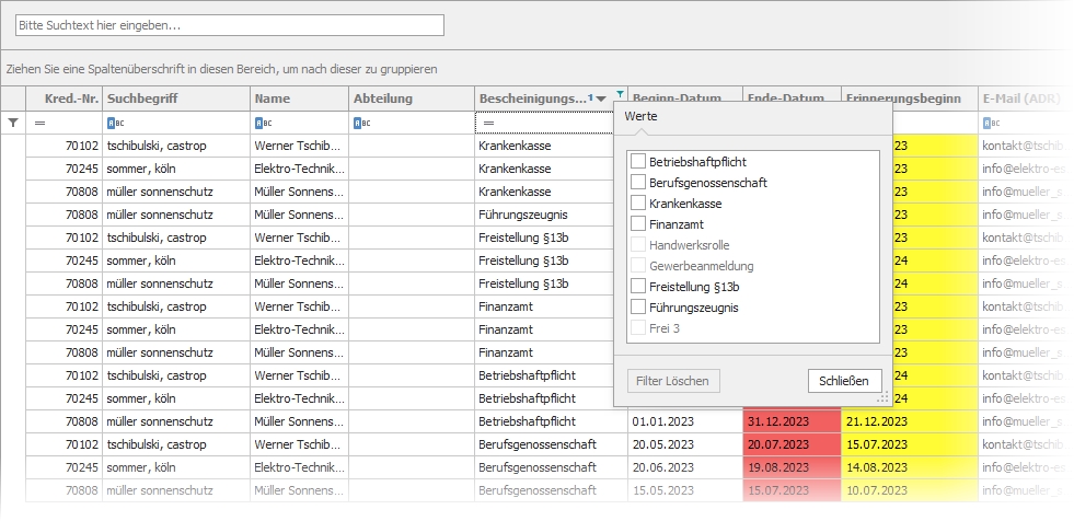 Hauptfenster "Lieferantenbescheinigungen" mit angepassten Feldtexten