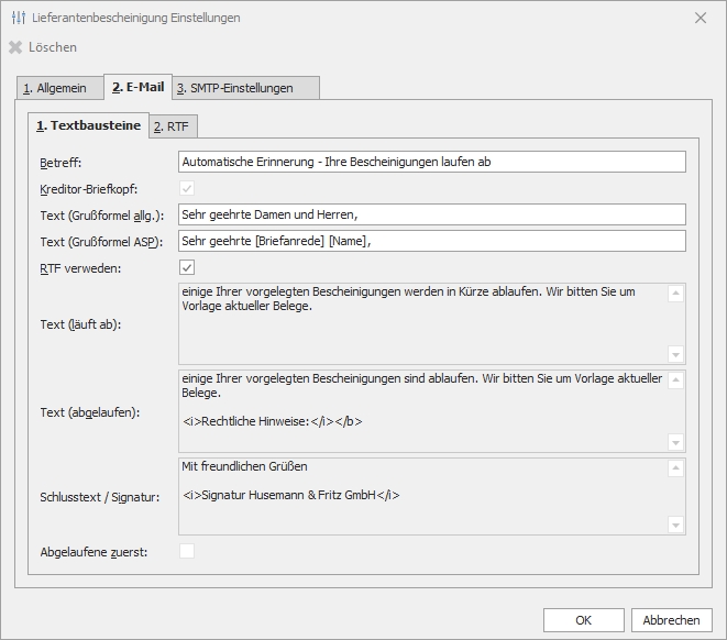 Einstellungen "1. Textbausteine"