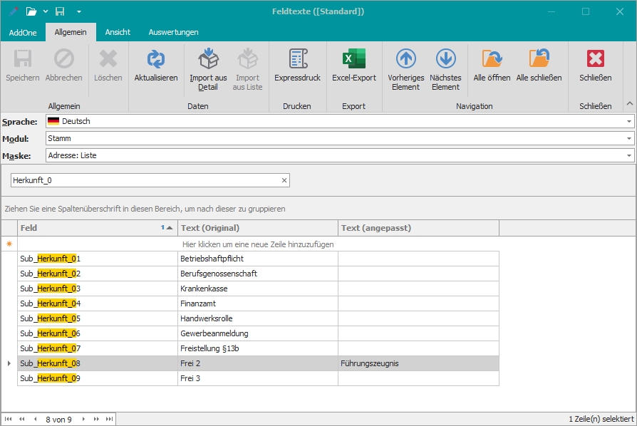 Hauptfenster "Feldtexte"