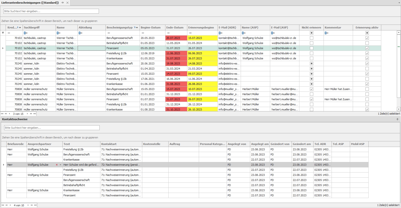 Hauptfenster "Lieferantenbescheinigungen" Hauptfenster "Lieferantenbescheinigungen"