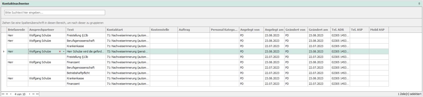 Dockingfenster "Kontaktnachweise" Dockingfenster "Kontaktnachweise"