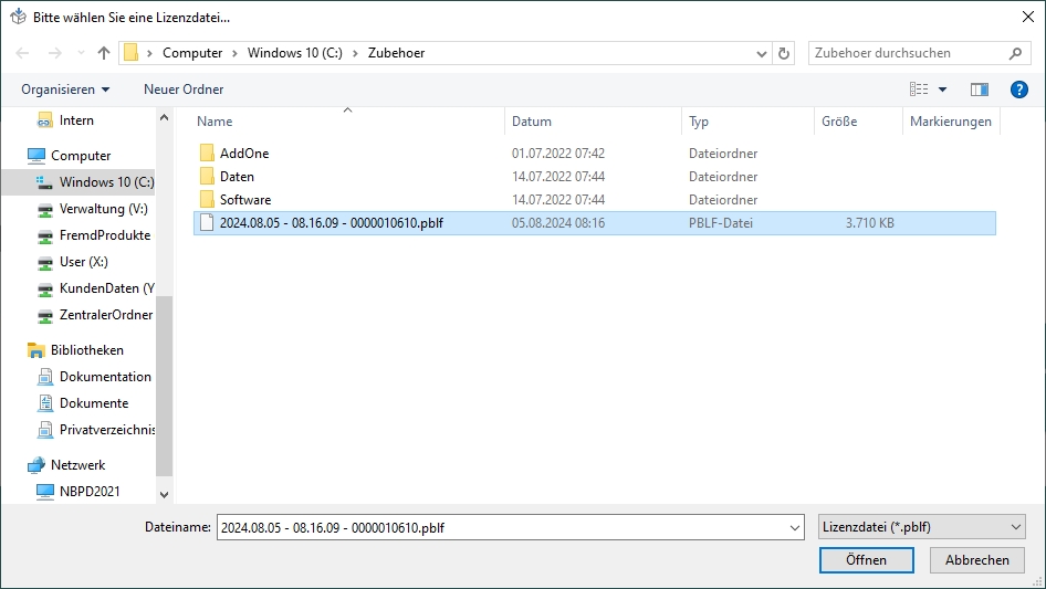 Windows-Dialog zur Auswahl der Lizenzdatei Windows-Dialog zur Auswahl der Lizenzdatei