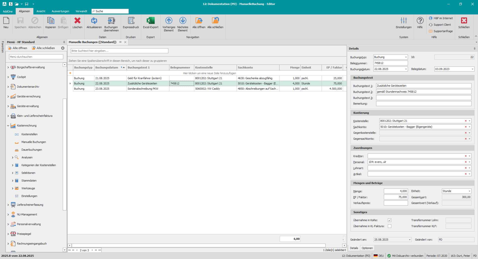 Hauptfenster "Manuelle Buchungen"