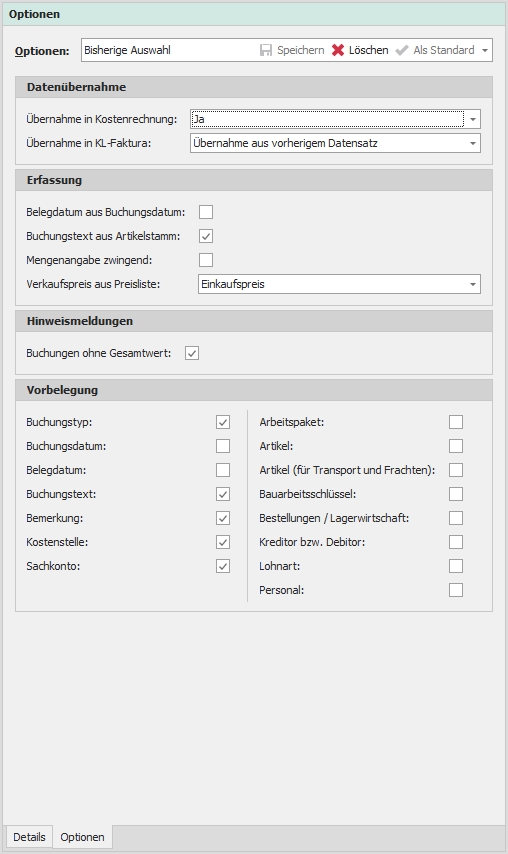 Dockingfenster "Optionen"