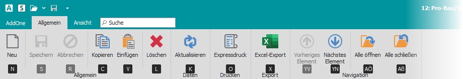 Multifunktionsleiste "Allgemein" mit Tastaturkommandos Multifunktionsleiste "Allgemein" mit Tastaturkommandos