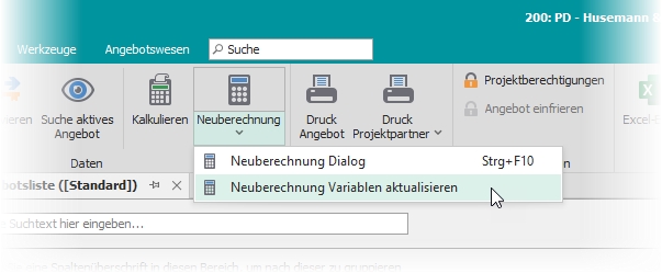 Menüaufruf "Neuberechnung"