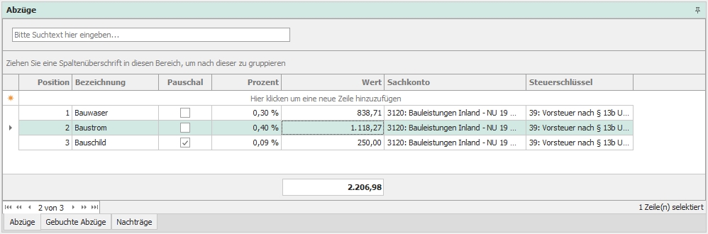 Dockingfenster "Abzüge"