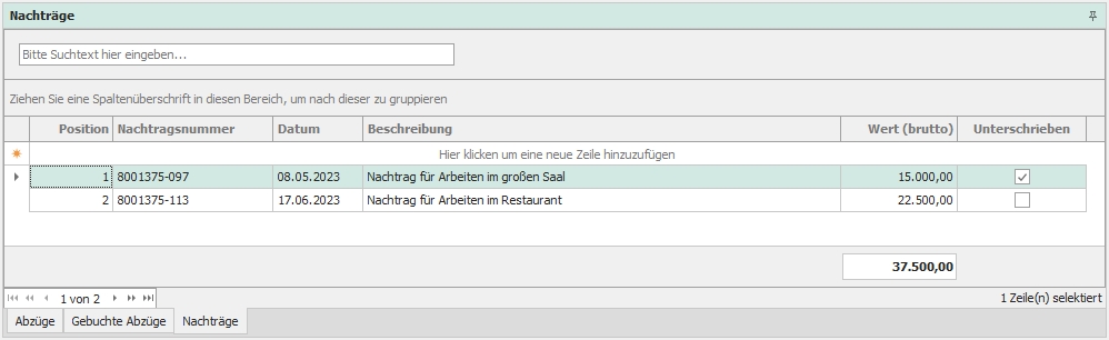 Dockingfenster "Nachträge" Dockingfenster "Nachträge"