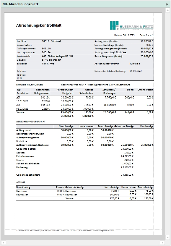 Report "Abrechnungskontrollblatt"