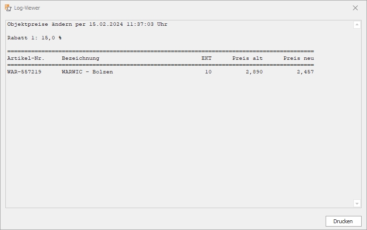 Protokoll aus Werkzeug "Objektpreise ändern" Protokoll aus Werkzeug "Objektpreise ändern"