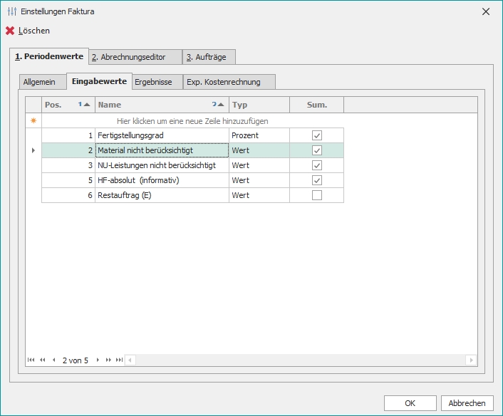Einstellungen "Eingabewerte"