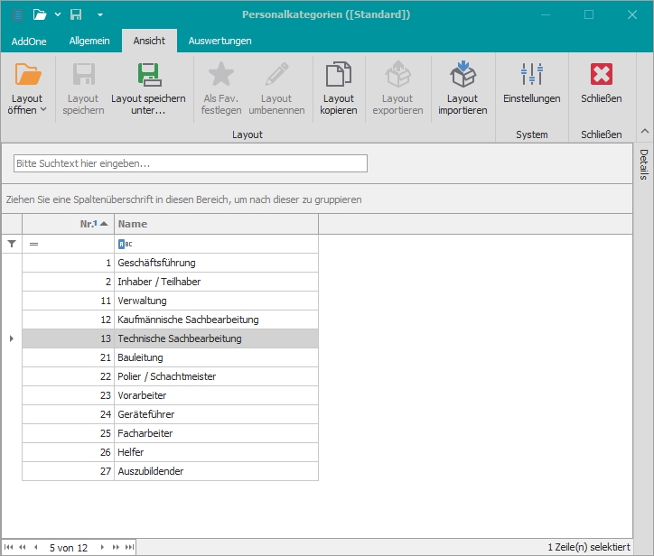 Hauptfenster "Personalkategorien"