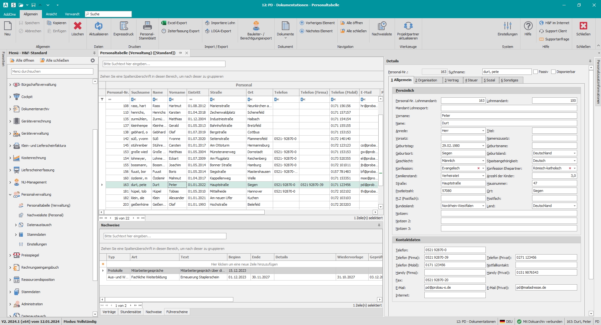 Hauptfenster "Personaltabelle"