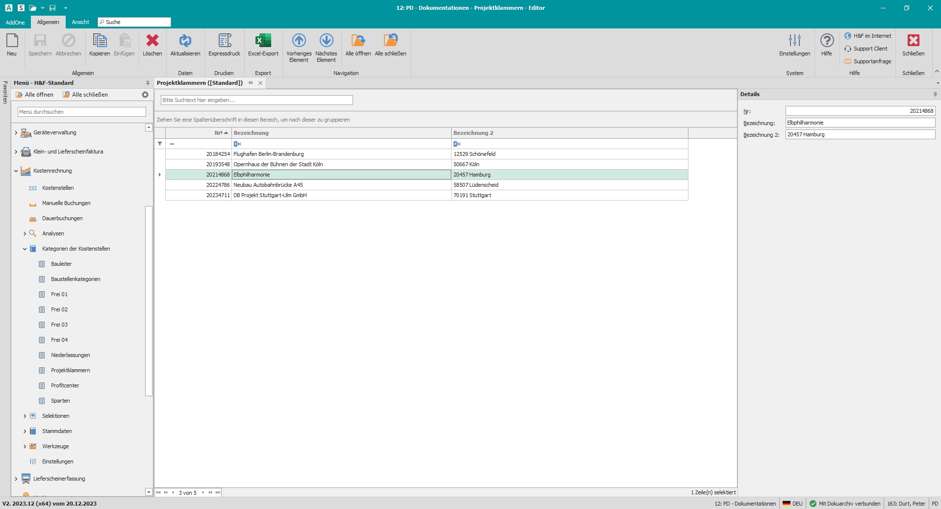 Hauptfenster "Projektklammern"