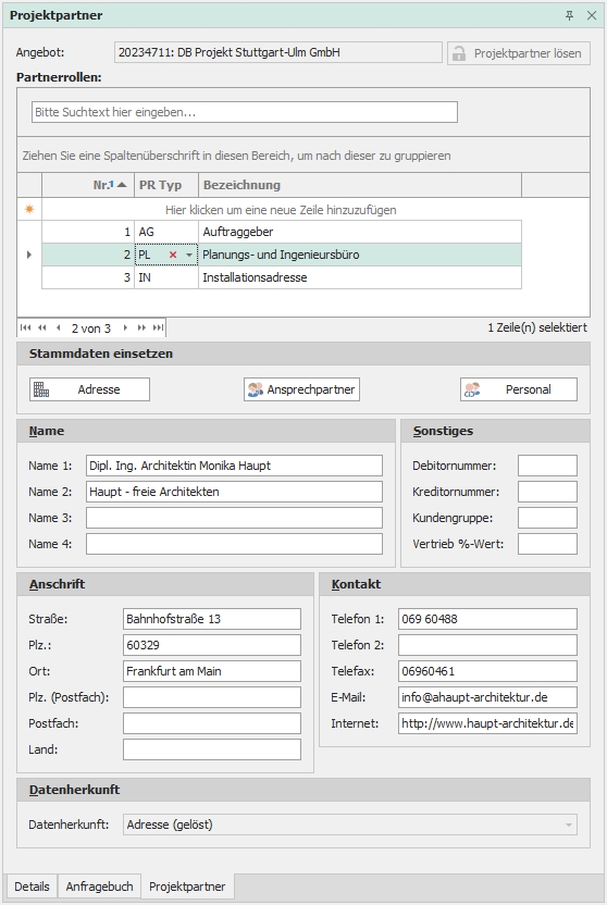 Hauptfenster "Projektpartner"