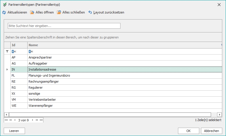 Nachschlagefunktion "Partnerrollentypen"