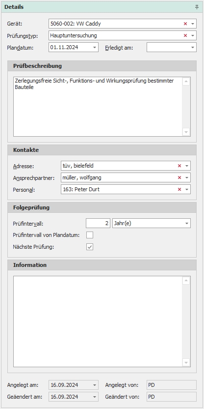 Detail "Prüf- und Wartungstermine"