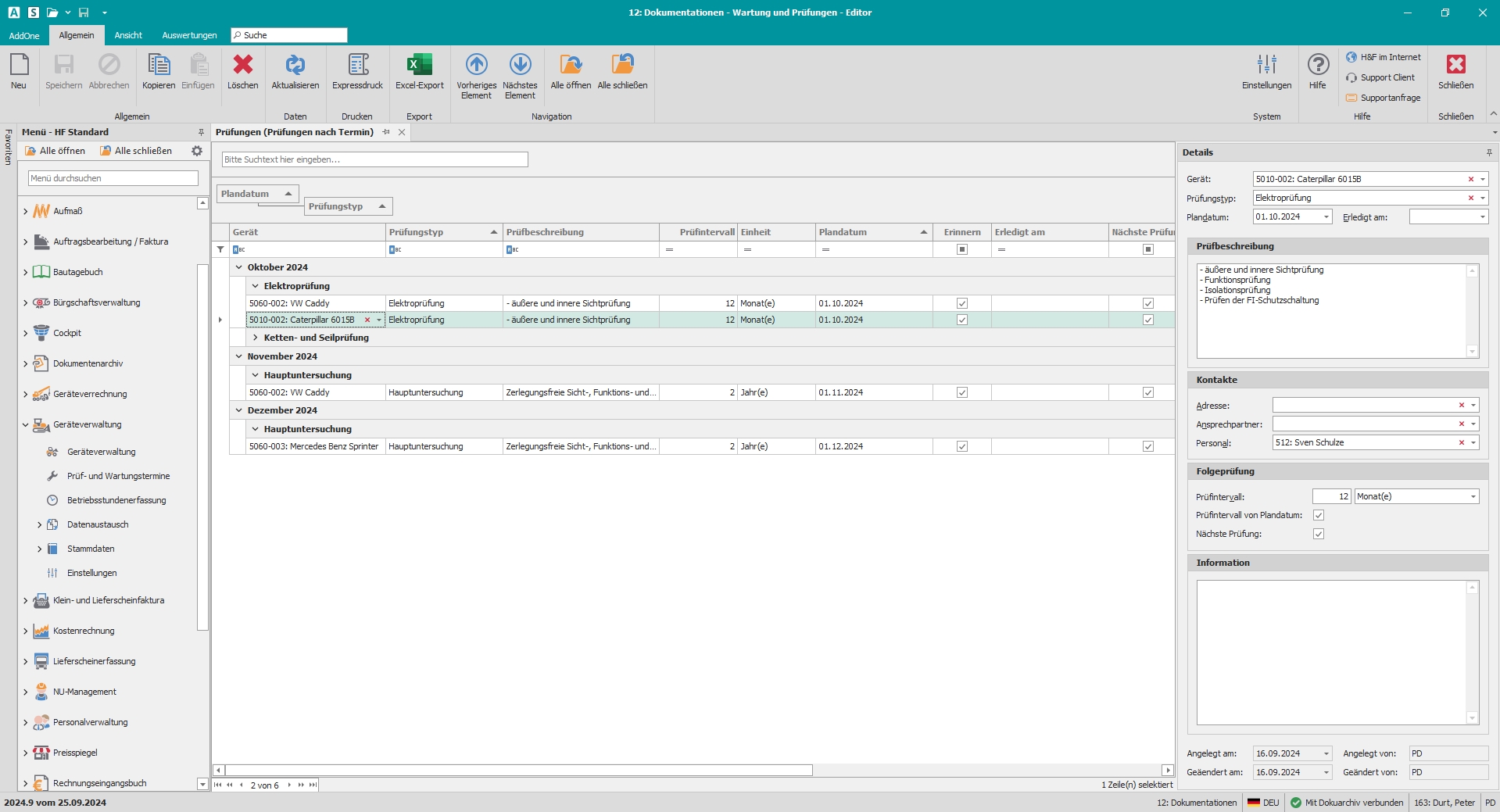 Hauptfenster "Prüf- und Wartungstermine"